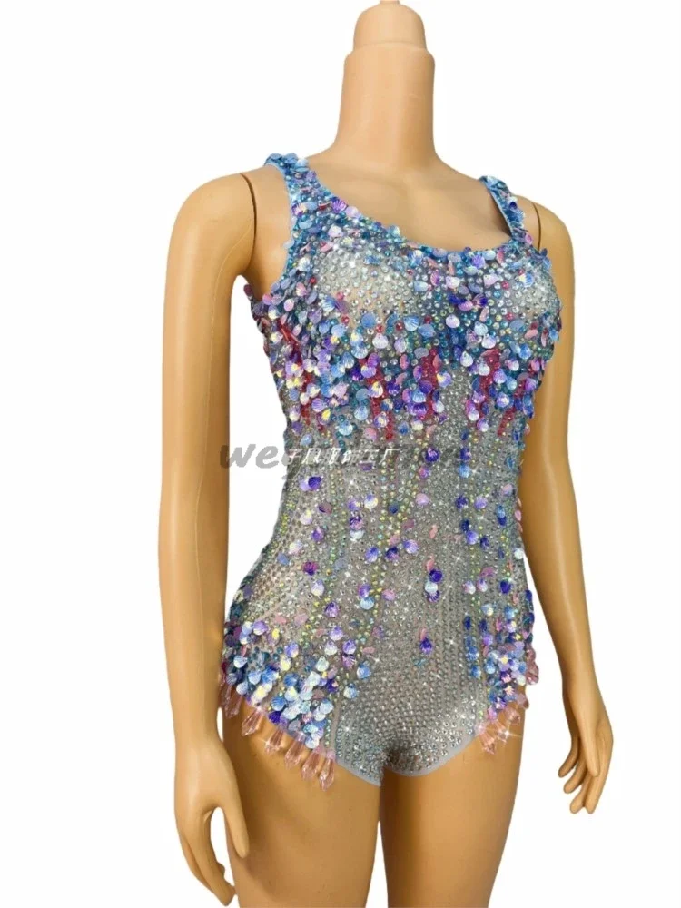 New Sexy Shining Rhinestone Sequin Mesh Romper Girl Group Singer Dance Costume For Women