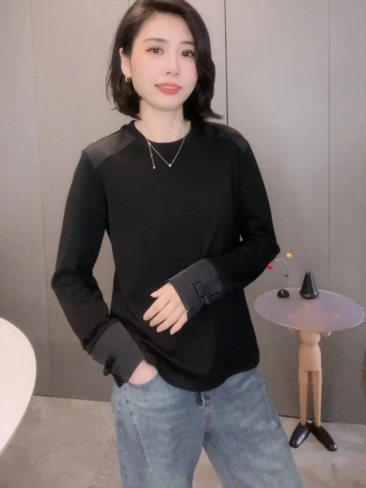 Nueva camiseta china Sle Long Sve blanca para mujer, diseño de primavera 2025, Sense Splicing, ropa interior, Base irt, botón superior redondo...