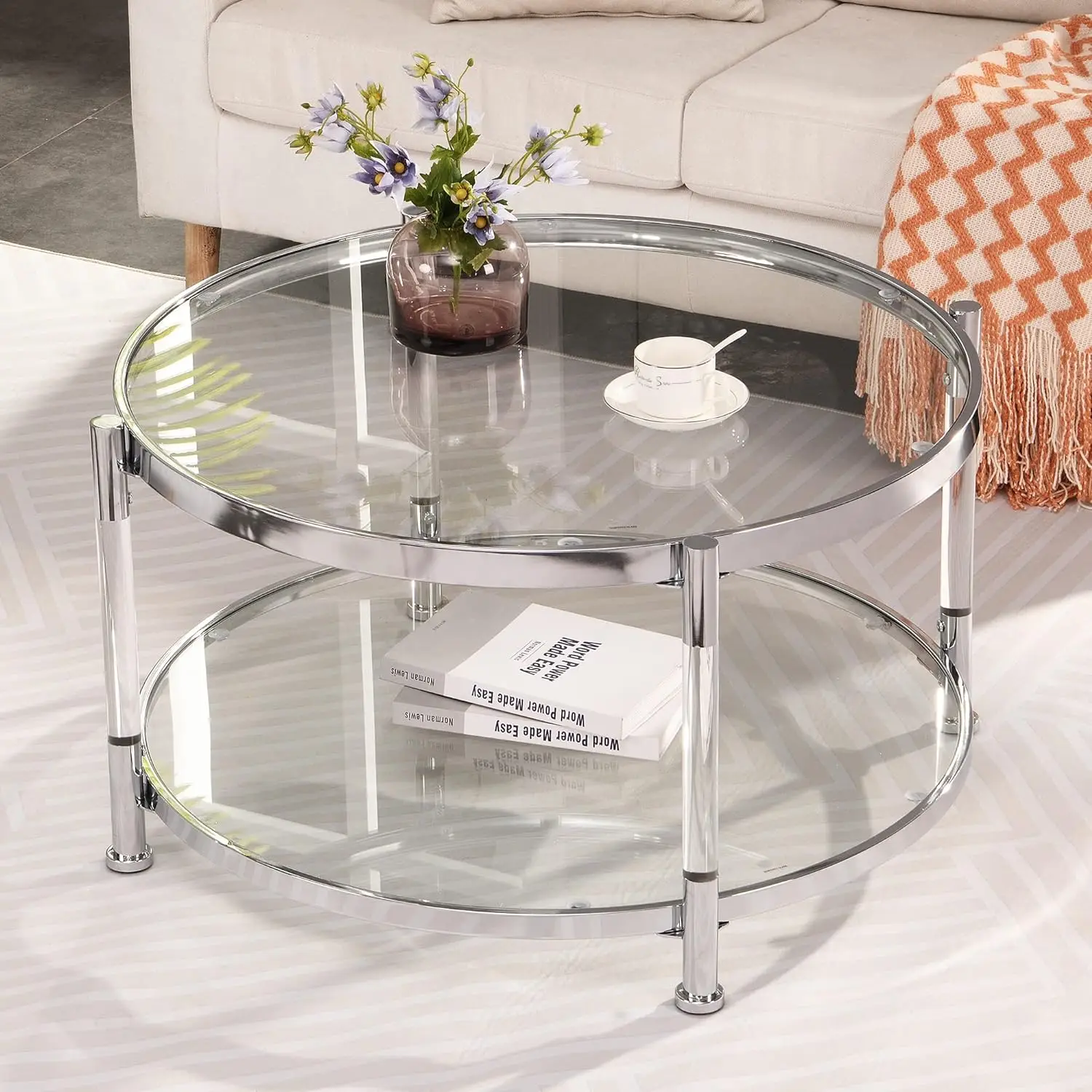 Lifesky Acrylic Glass Coffee Table - Round Coffee Tables With Metal Frame - Modern Tea Table For Living Room Chrome