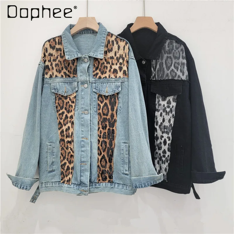 

Street Hipster American Retro Leopard Print Sequined Splicing Denim Jacket Women Autumn New Casual Loose Long Sleeve Jacket Top