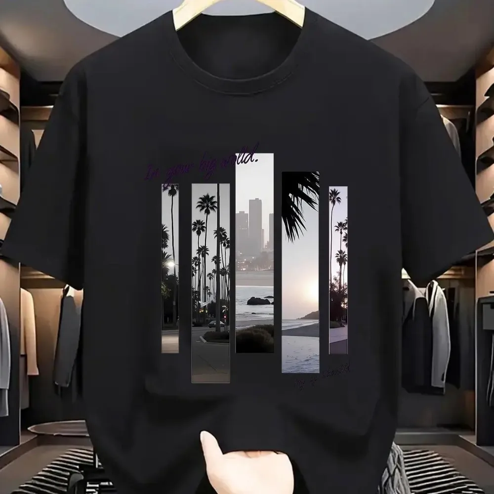 Fashionable American men's summer retro city scenery letter print micro elastic breathable round neck T-shirt outdoor casual top
