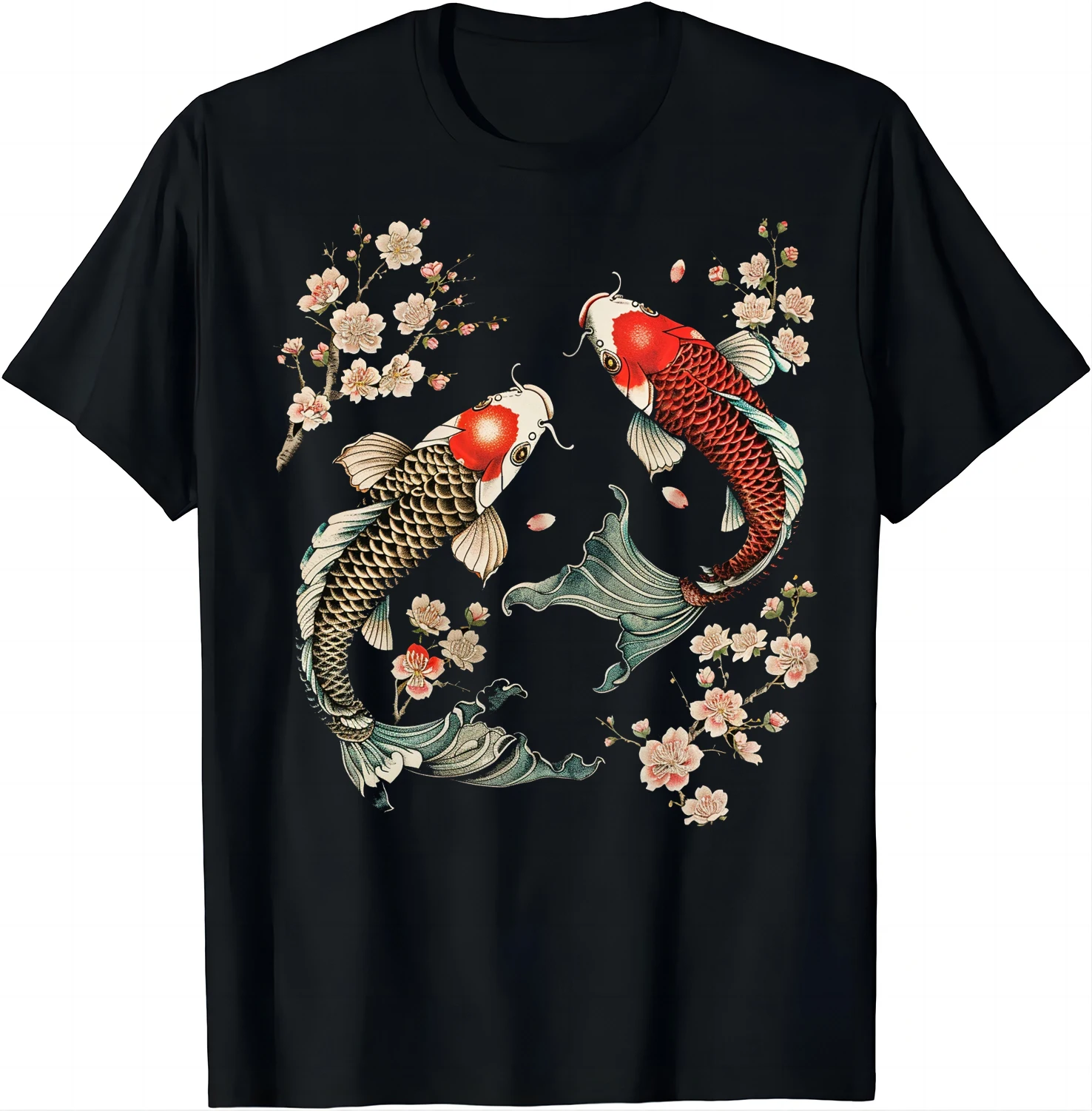 Lucky Koi Fish & Cherry Blossom Graphic Tee Graphic T-shirts Unisex Summer Soft Tops Women Clothing Tops Ropa De Mujer