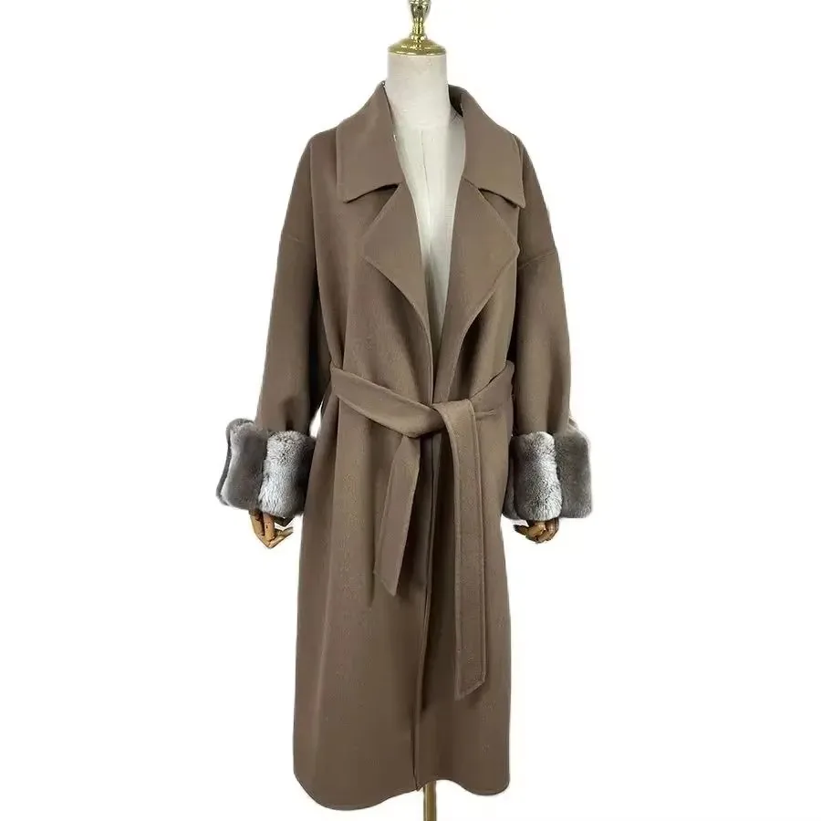 

Winter Wool Coat Women Real Cashmere Coat Natural Rex Rabbit Fur Cuffs Long Fur Jacket High Quality Warm