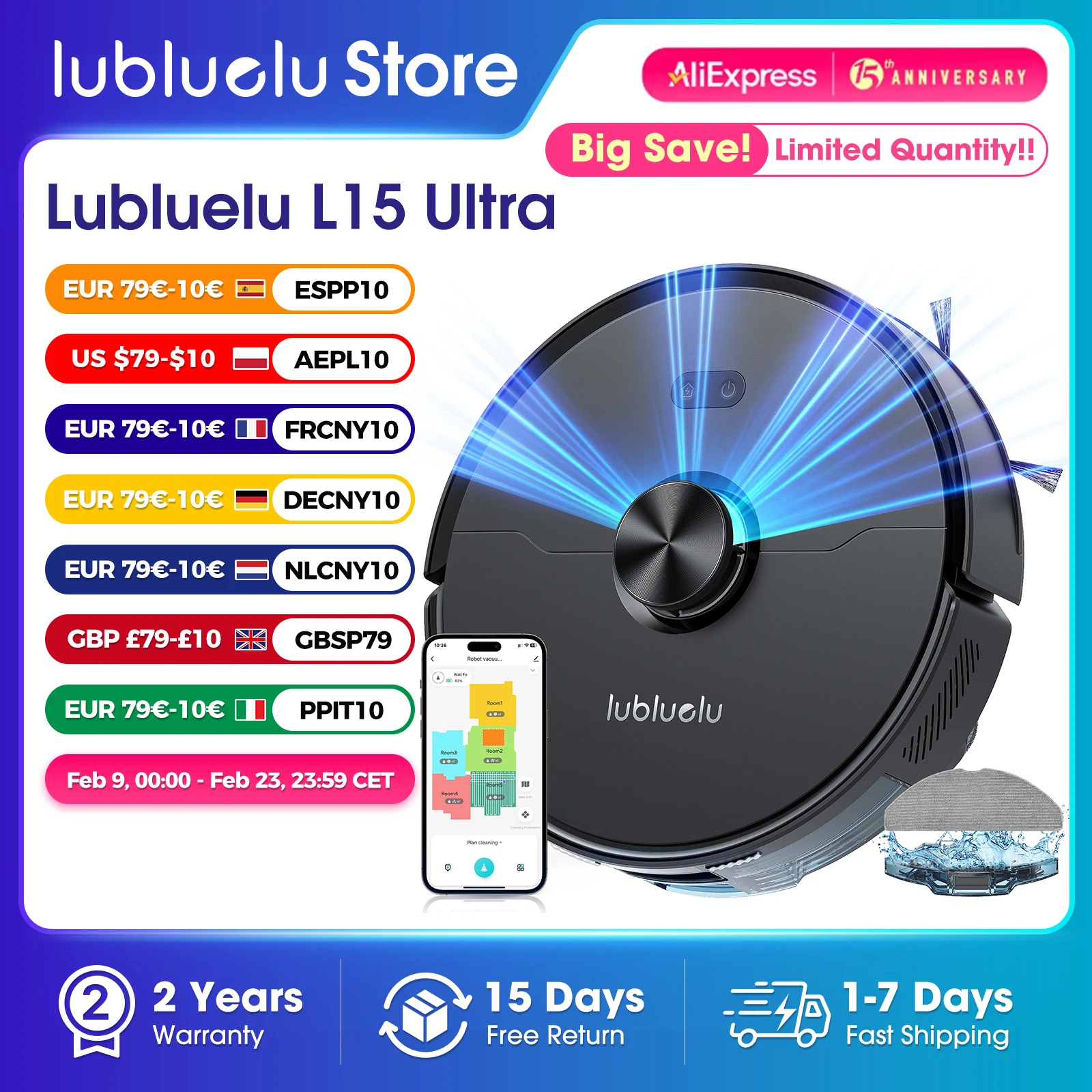 Lubluelu L15 Ultra 3-in-1 Robot Vacuum Mop Combo with LiDAR Navigation 5500Pa Suction Auto-Charging Smart APP 24 No-go Zones