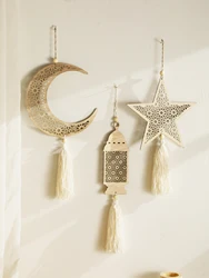 1Pc Ramadan Wooden Moon Hanging Ornaments with Hollow Mesh Star,Eid Mubarak Muslim Decor,Lanterns Wall Decor,Ramadan Kareem Gift