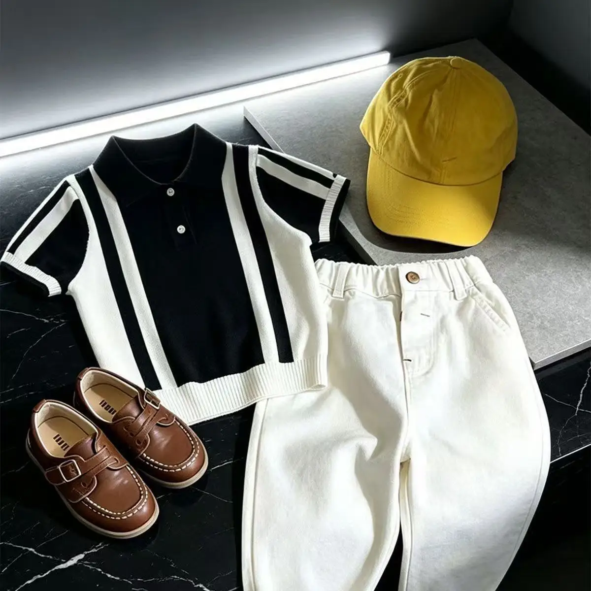 Somenie Children's Clothing 2026 Summer New Boys and Girls Foreign Fashion Color Matching POLO Collar Knitted Short-sleeved