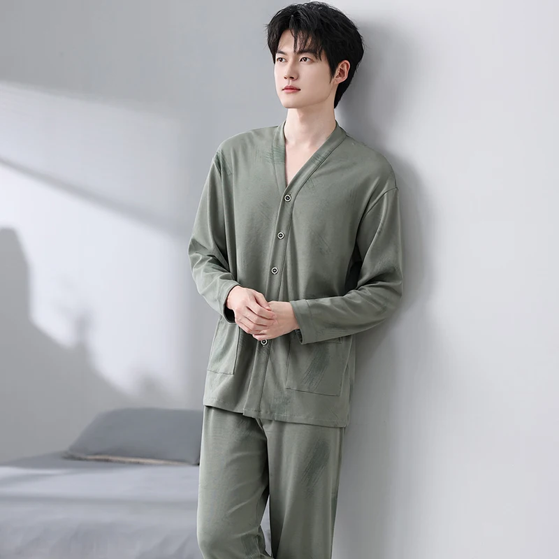 

Пижамный комплект, мужской кардиган с v-образным вырезом, кимоно, модный принт, длинные брюки с длинными рукавами, костюм для сна, осенняя домашняя одежда, мужской подарок для отдыха