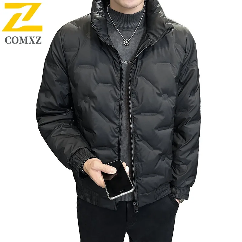 COMXZ Mens stand collar Puffer Jacket Korean Style Solid Color Cotton-Padded Waterproof Windproof Thermal wrinkle Outerwear 2025