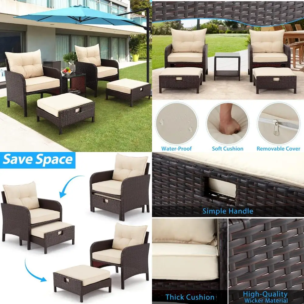 

Patio Furniture Set: Outdoor Rattan Chairs, Tempered Glass Coffee Table, Ottomans, and Cushions