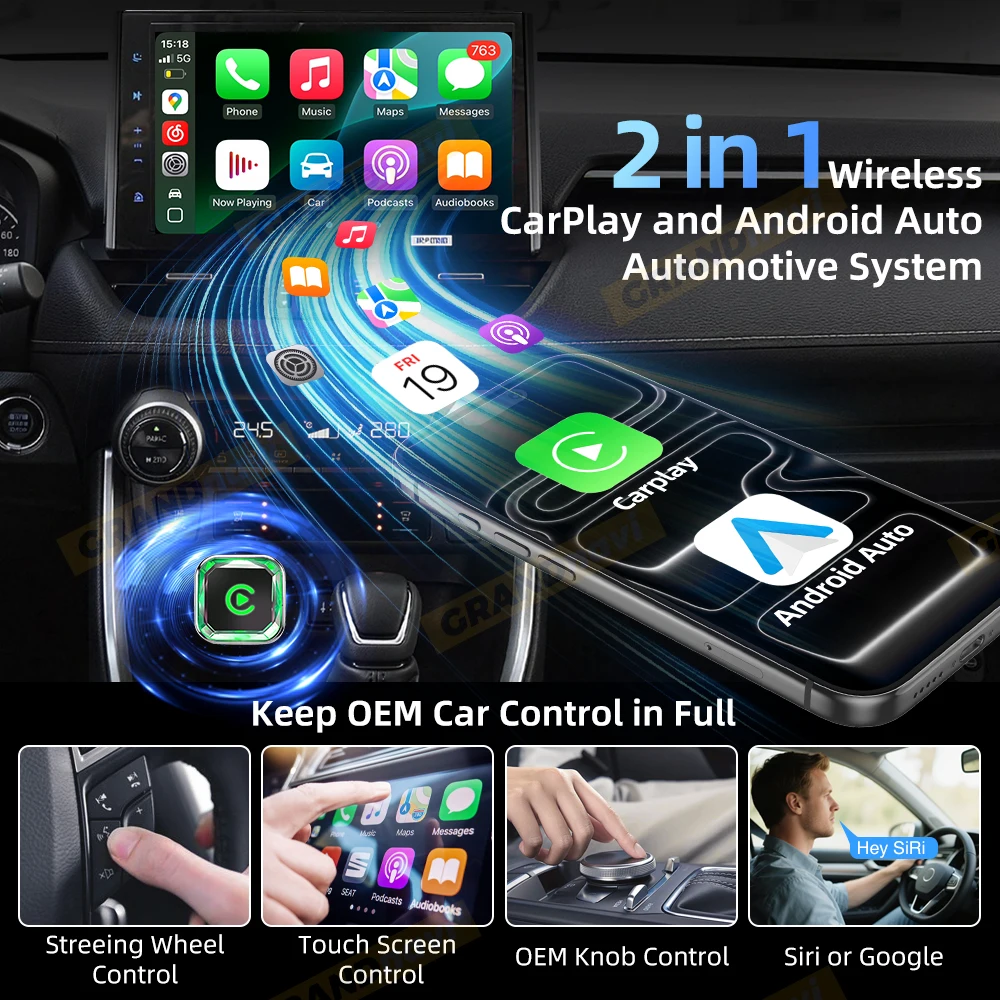 2IN1 Diamond Face Wireless CarPlay Adapter Android Auto Dongle USB Smart Car Box For Kia Volvo Audi MG Opel VW Hyundai Jeep Ford