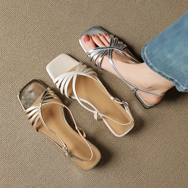 2026 new summer women sandals natural leather 22-25cm cowhide+sheepskin+pigskin cross-tied back-buckle thick heel women shoes