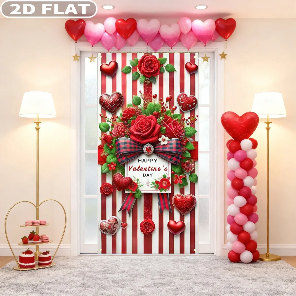 

1pc Valentines Day Door Cover with Grommets & Ribbon, Durable Polyester Romantic Red Roses Hanging Banner Backdrop 70x35 Inch