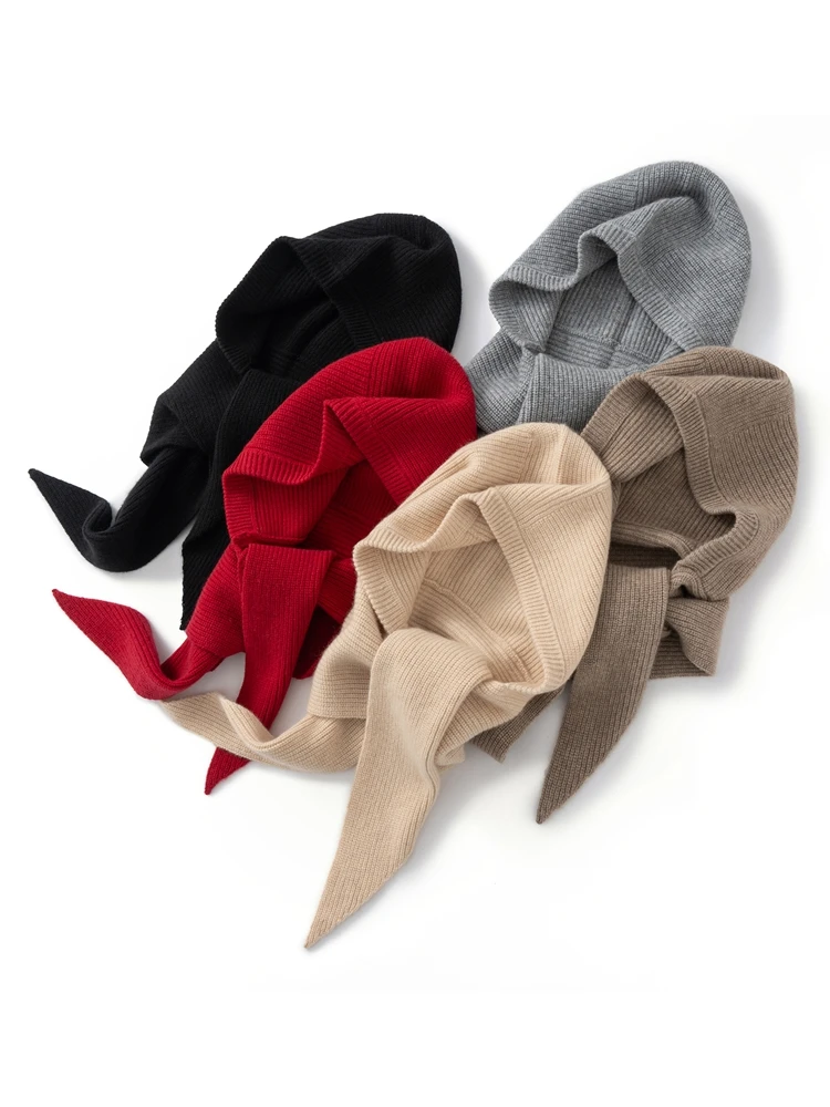 

Women Cashmere Hooded Scarf Thick Jacquard Hat Autumn Winter Warm Beanies Cap 100% Cashmere Knitted Classic Soft Versatile Scarf