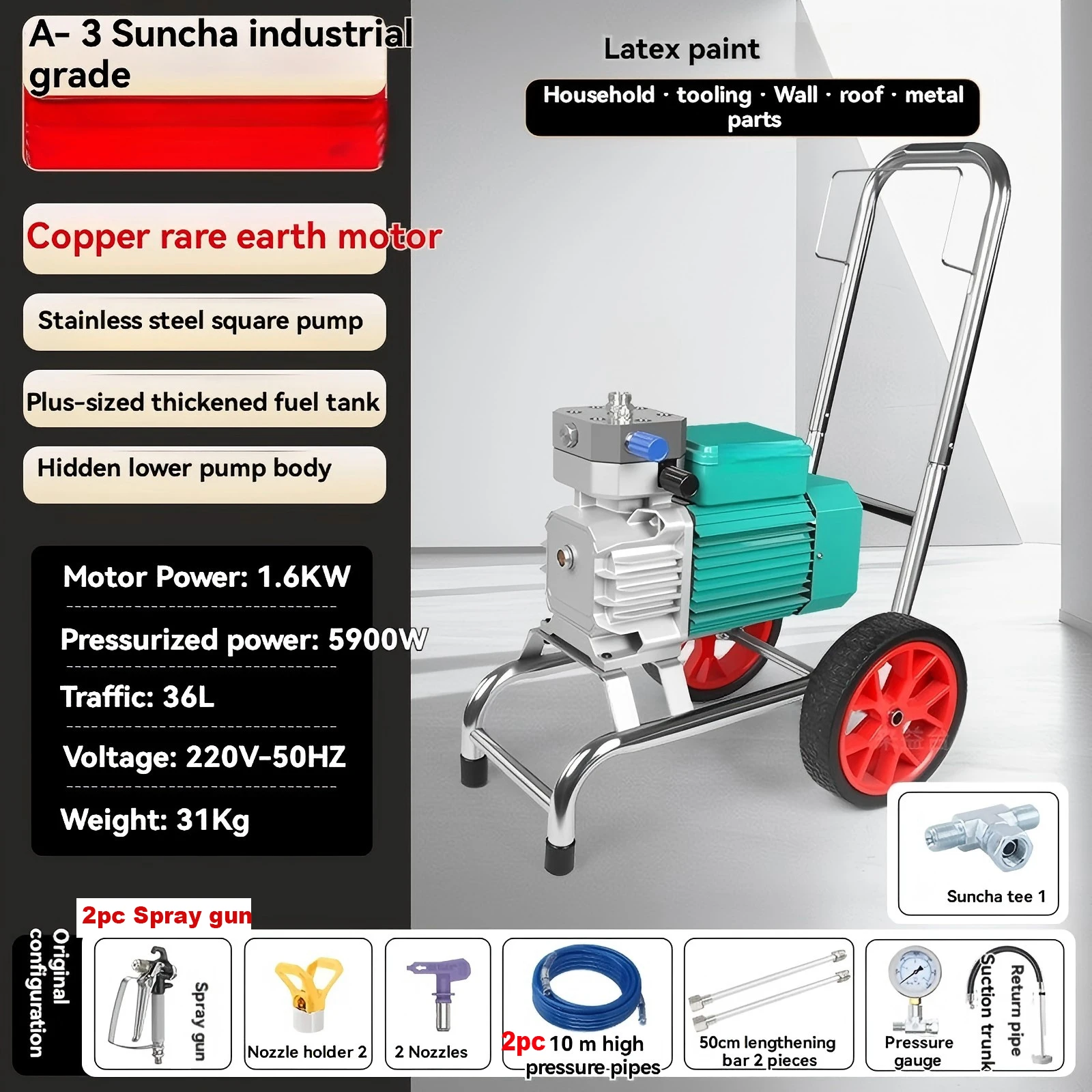 Spruzzatore airless per vernice al lattice portatile A-3, spruzzatore airless ad alta pressione di livello industriale Rivestimento ad alta potenza, spruzzatura di vernice