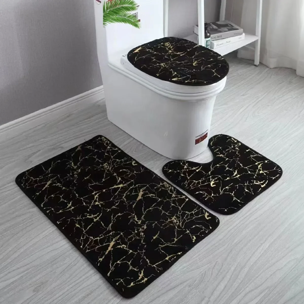 3 Piece Toilet Carpet Set Washable Gold Printing Anti Slip Rugs Toilet Cover Mat Set Living Room Bathroom Rugs Bathroom Decor