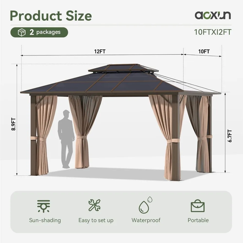 10'x12' Hardtop Gazebo,  with Curtains and Netting, Polycarbonate Gazebo, Double Roof Canopy, Aluminum Frame  Pavilion