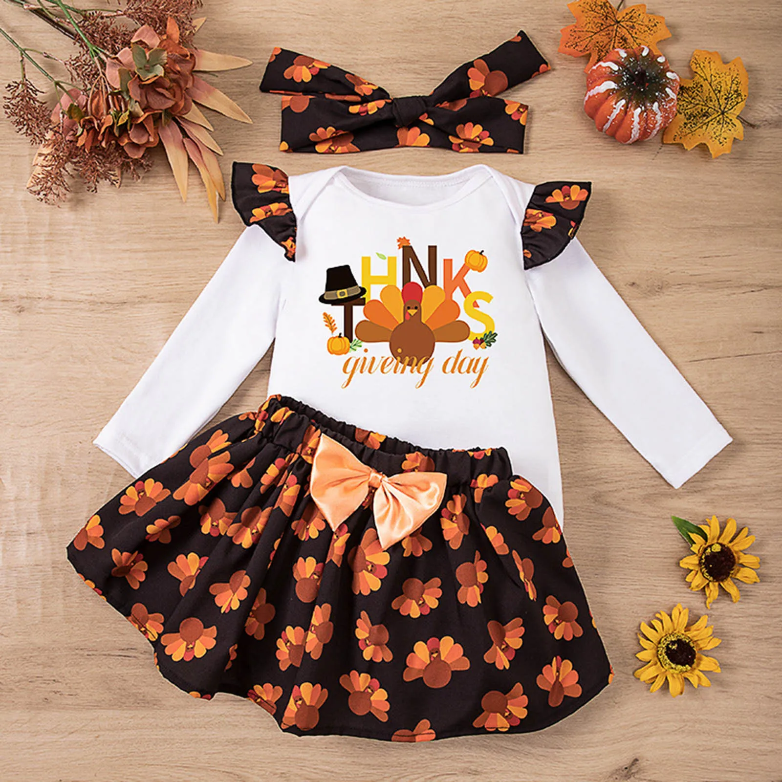 Infant Toddler Girls Baby Clothes Sets 0-24Months Newborns Letters Printing Flying Sleeve Long Sleeve Romper Skirt Headband 3Pcs