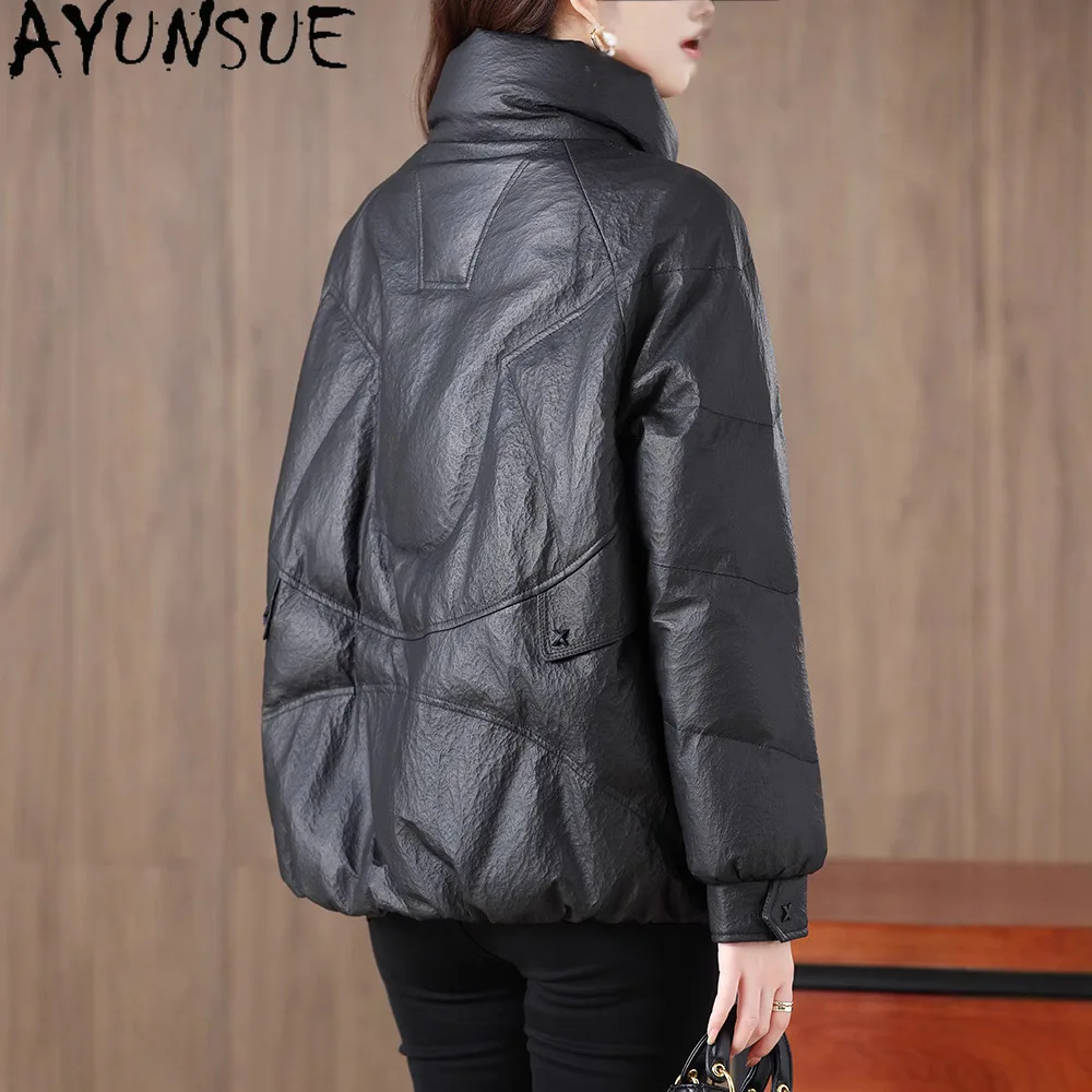 AYUNSUE 양피 정품 가죽 자켓 여성 2025 겨울 의류 90% 화이트 오리 다운 여성 코트 루즈 피트 Jaqueta De Couro