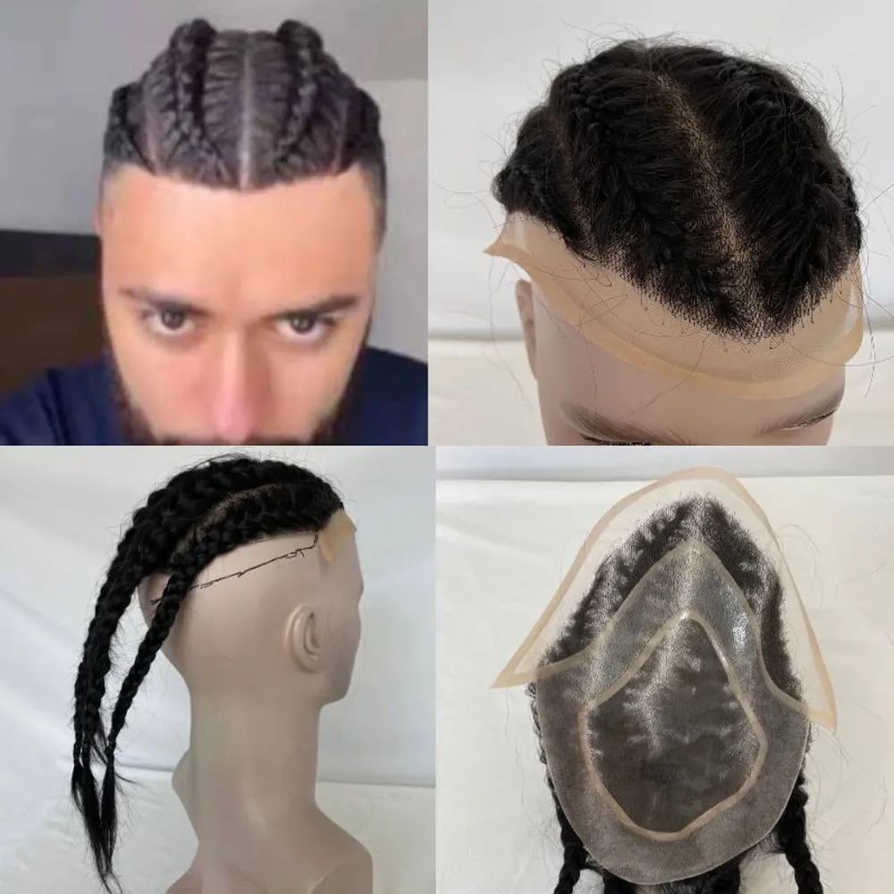 Rambut palsu pria, rambut palsu empat kepang Aka kepang ganda 100% rambut manusia dasar Mono dengan sistem rambut PU untuk pria