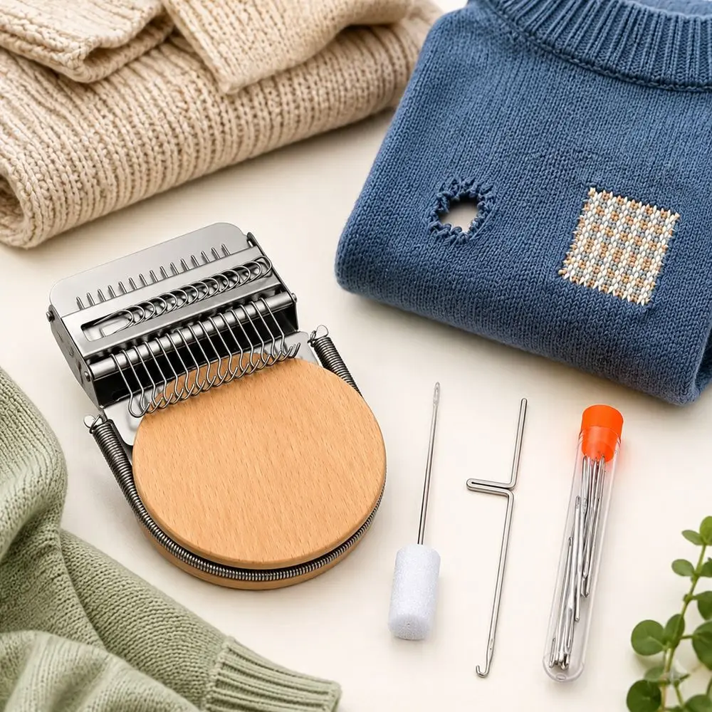 New Metal Needle Mini Darning Loom Wooden Base Handheld Darning Repair Tool DIY Enthusiasts Weaving Loom Kit for Sock Mending