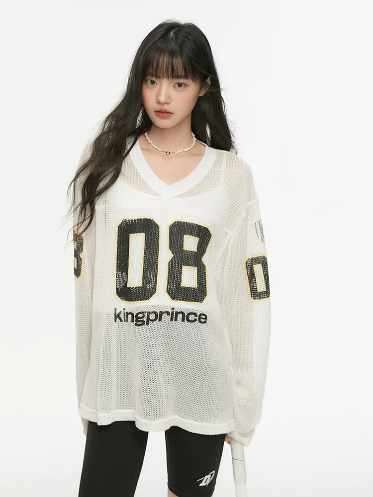 

King Prince Summer Breathable Knitted Long Sve T-irt Hollow out Letter Print Loose Thin Sunade Cover up Women's Top
