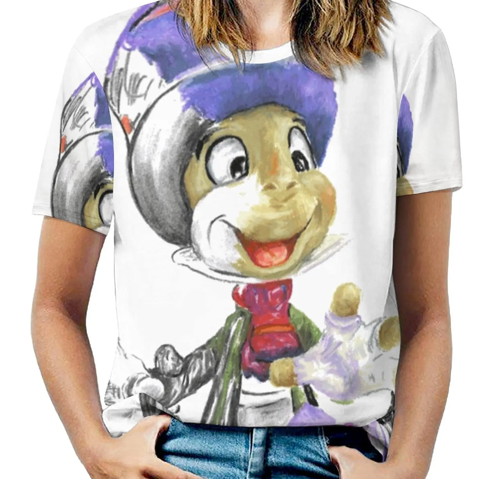 Charcoal And Oil-Jiminy Cricket Fashion Print Women Ladies Girls T-Shirt Harajuku Round Neck Short Sleeve Tops & Tees Jiminy