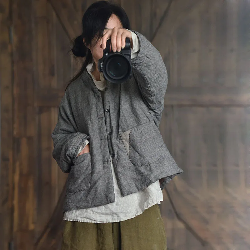 Original Striped High Quality Linen Leisure Coat Women's Loose Vintage Quilted Lightweight Button-Up Short Jacket Autumn/Winter