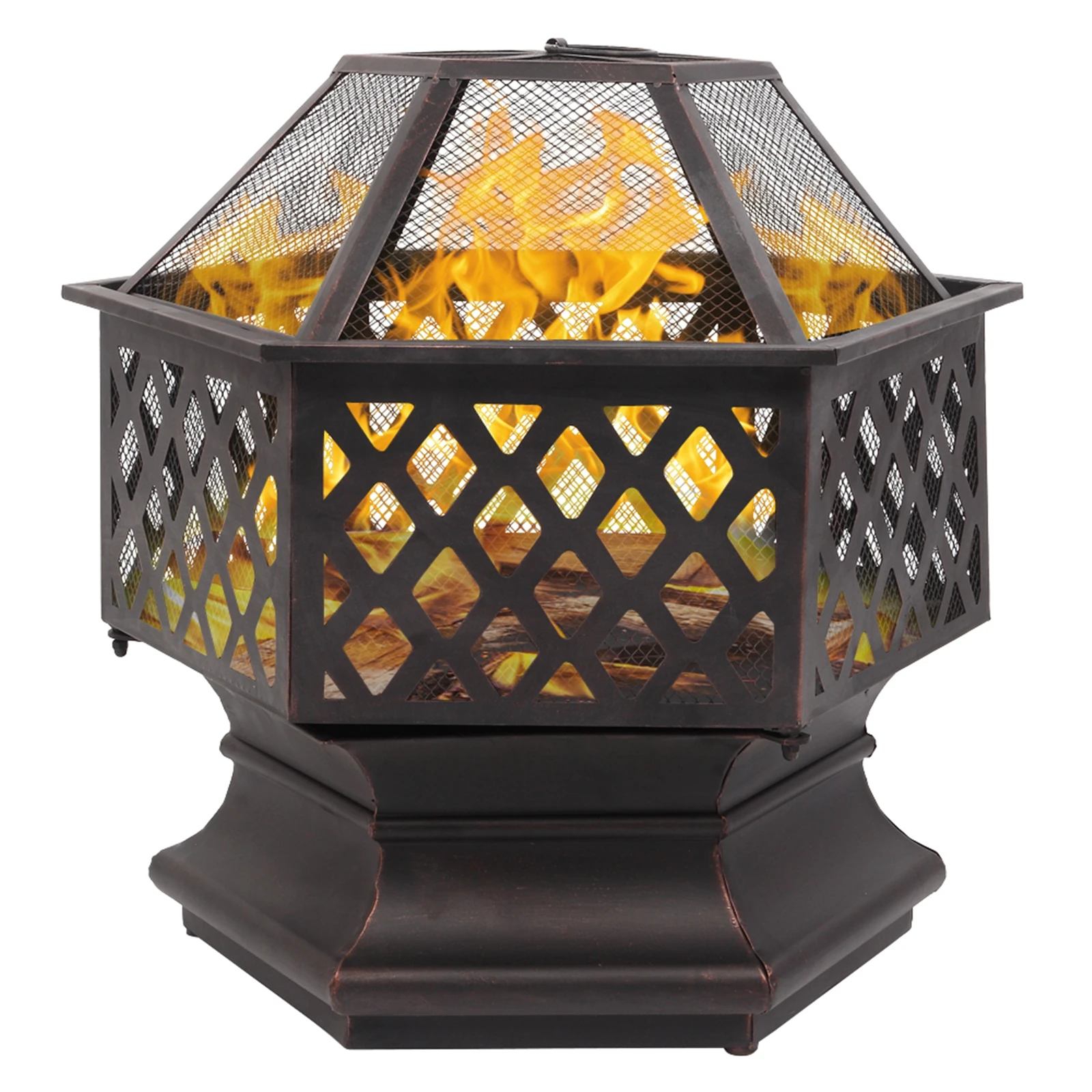 22 Inch Hexagonal Iron Fire Pit, Wood Burning Brazier with Mesh Spark Screen, Outdoor Backyard Patio Poolside Fire Bowl for Garden Camping Heating Decor