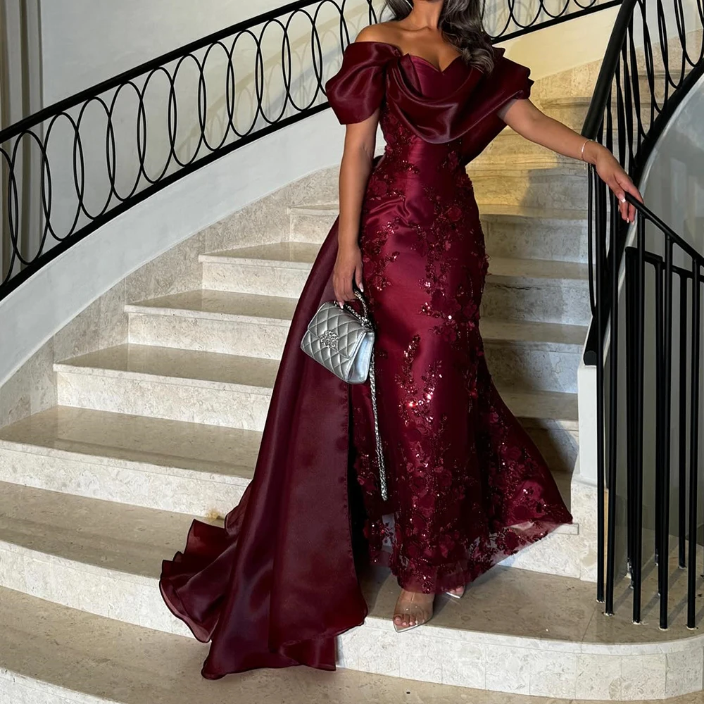 

Customized Exquisite Burgundy Satin Appliques and Sparkly Sequined Evening Dress Watteau Train Off the Shoulder V-Neck Prom Gown