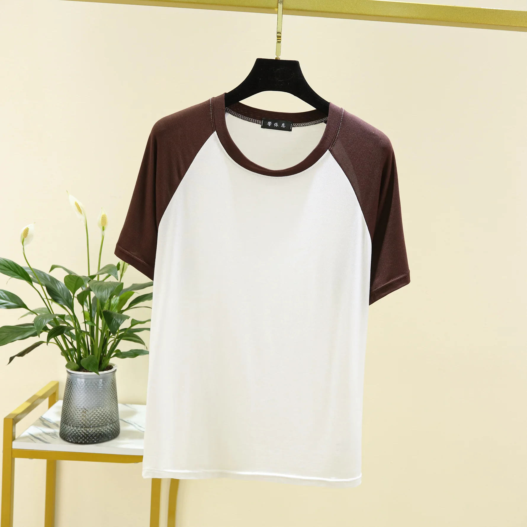 Women Modal raglan sleeve Tshirt O-Neck Contrast Color Casual Loose tee tops 2 color spliced T-shirt streetwear base shirt