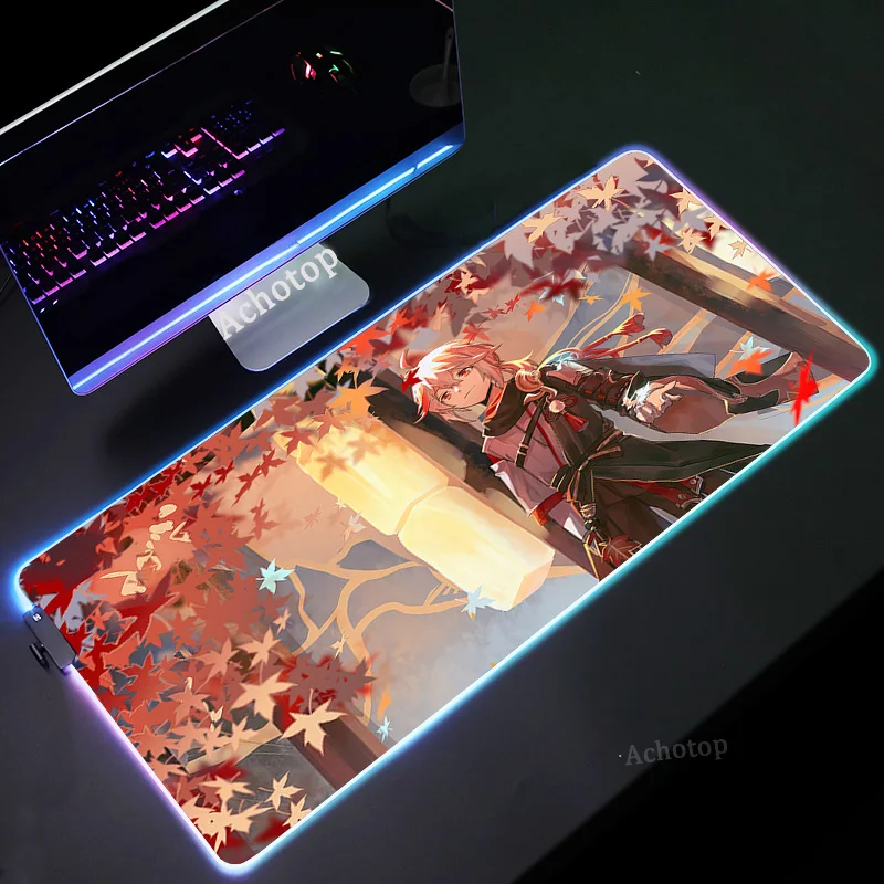 Genshin impacto anime mouse pad pc gamer rgb computador portátil led teclado tapete do rato xxl luminoso grande mousepad teclado tapete de mesa