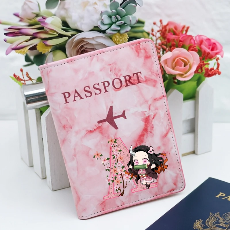 Demon Slayer Passport Covers Women Ultra-thin Document Holder Kawaii Anime Letter A-Z Travel Passport Holder ID Card Covers Gift