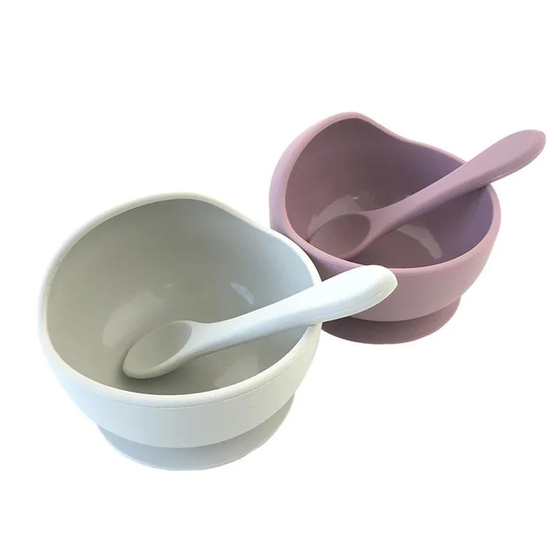 Silicone Baby Feeding Bowl e Spoon Set, Isolamento térmico, Resistente a altas e baixas temperaturas, Recurso de sucção