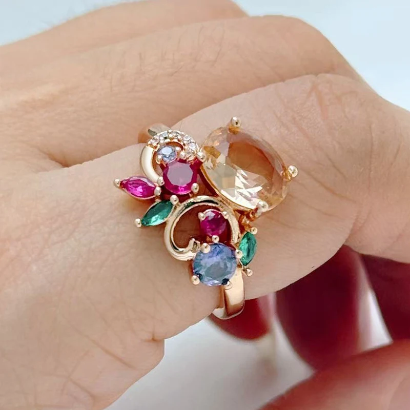 Kinel Hot Vintage Colorful Natural Zircon Ring for Women Trend 585 Rose Gold Color Ethnic Jewelry Daily Party Accessories