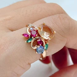 Kinel Hot Vintage Colorful Natural Zircon Ring for Women Trend 585 Rose Gold Color Ethnic Jewelry Daily Party Accessories