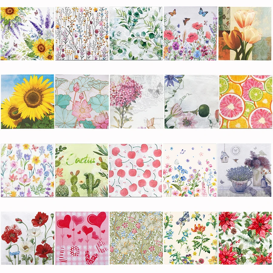 Serviettes en papier à découper florales, 20 pièces, imprimé tournesol, Cactus, cerise, papillon, tissu jetable pour bricolage, artisanat, décoration de Table de mariage