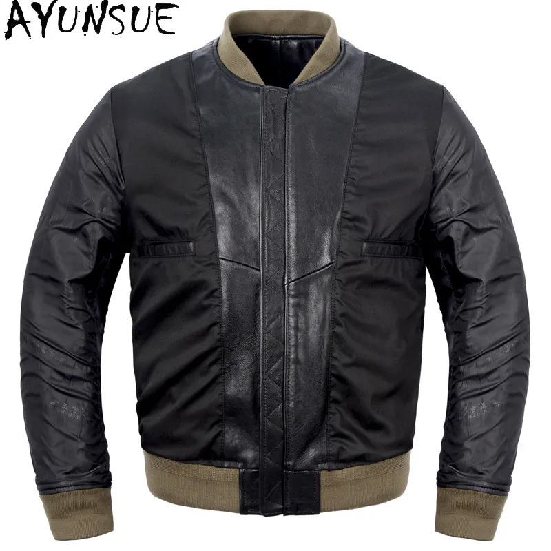 AYUNSUE 100% Pure Sheepskin Men Leather Jacket Top Quality Genuine Leather Coat Short Cotton-padded Baseball Coats jaqueta couro