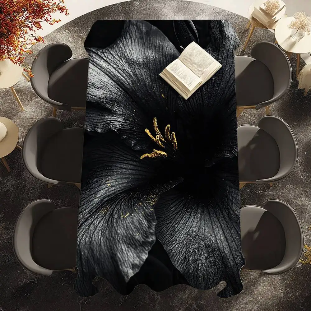 

Усовершенствованная скатерть с черным цветком, водонепроницаемая, устойчивая к пятнам полиэстеровая скатерть для украшения столовой, кухни, вечеринки, скатерть