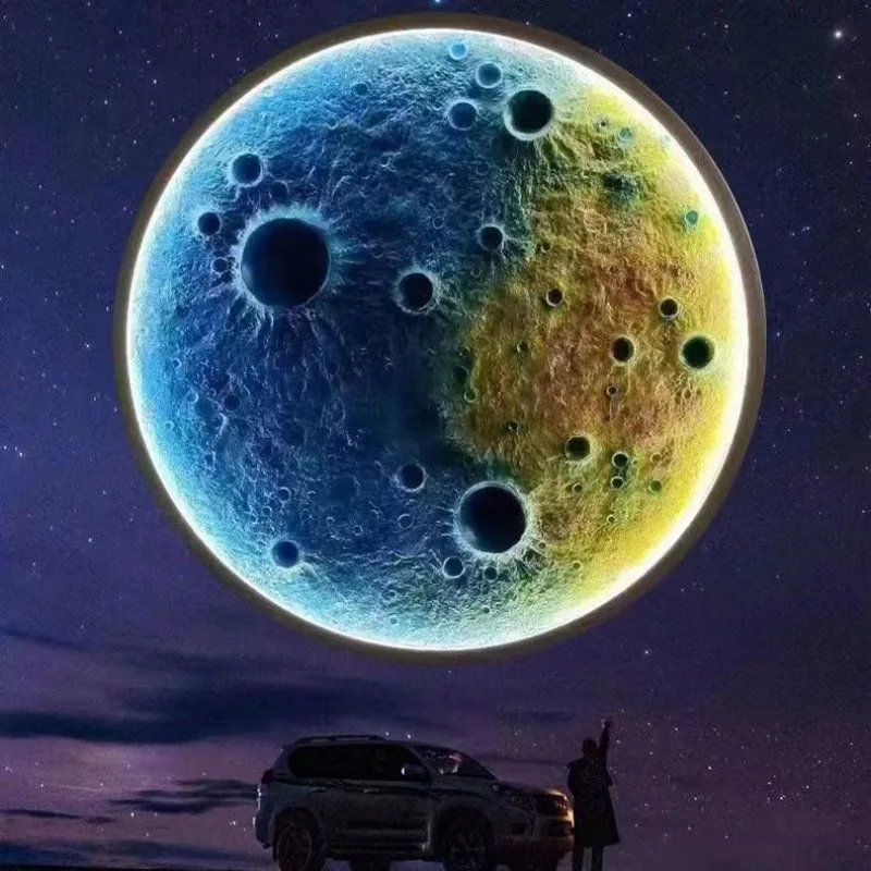 

3D three-dimensional relief moon lamp wall lamp designer creative art living room wall hanging round moon decorative mural