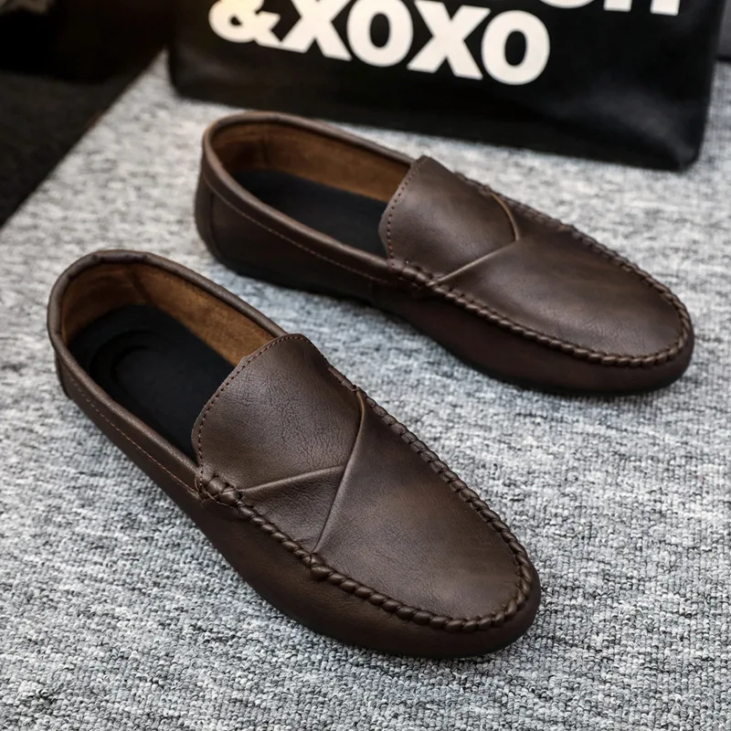 Chaussures en cuir PU pour hommes, confortables et légères, décontractées, semelle souple, paresseux, printemps, automne, été, nouveau, 2024