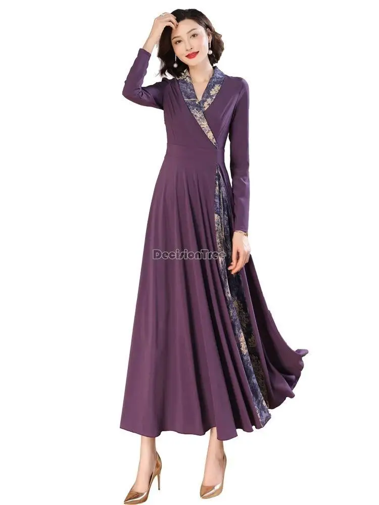 2024 autumn chinese style floral loose modified cheongsam dress women purple cheongsam ao dai dress elegant daily qipao dress