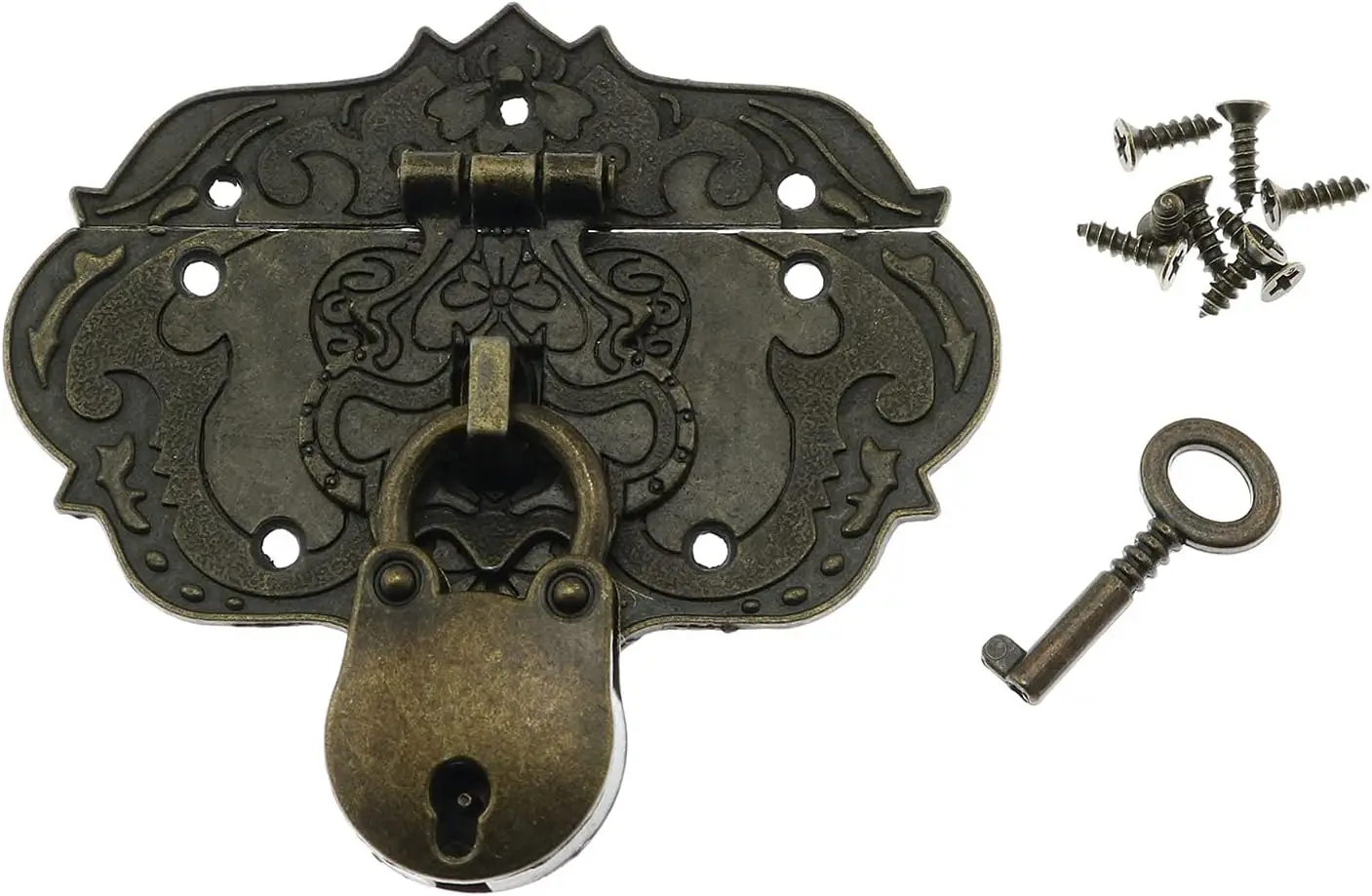 Antique Embossing Decorative Brass Hasp Clasp Latch Lock with Screws for Jewelry Box Ordinary Box Wooden Case  Decoration (Bronz