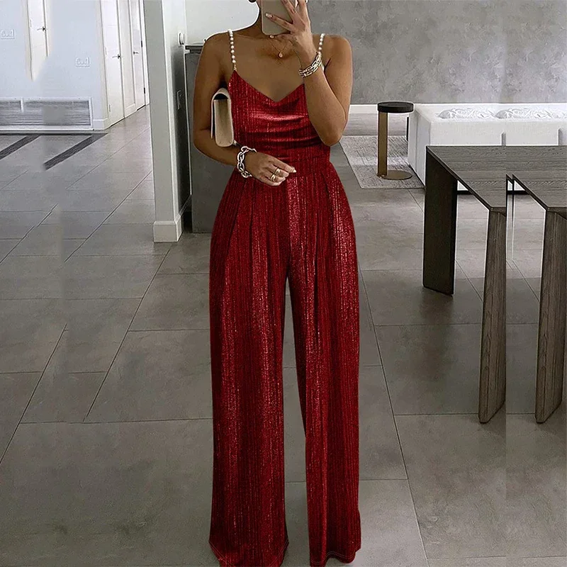 

Women Fashion Glossy Metallic Vintage Color Jumpsuit Elegant Sleeveless Pearl Sling Romper Sexy Pleat Wide Leg Overalls Playsuit