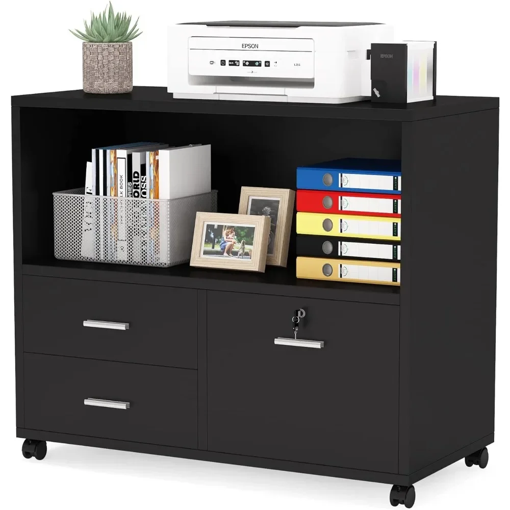 

3 Drawer File Cabinet with Lock, Mobile Lateral Filing Cabinet with Rolling Wheels, Printer Stand with Open Storage Shelves