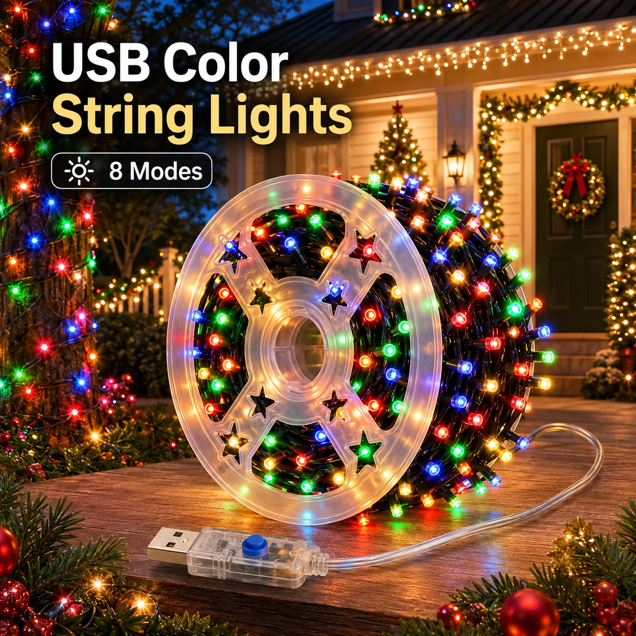 USB Reel String Lights 20M/180LED 30M/260LED 40M/320LED 50M/400LED 8 Modes Auto On for Tree Patio Garden Party Christmas Decor