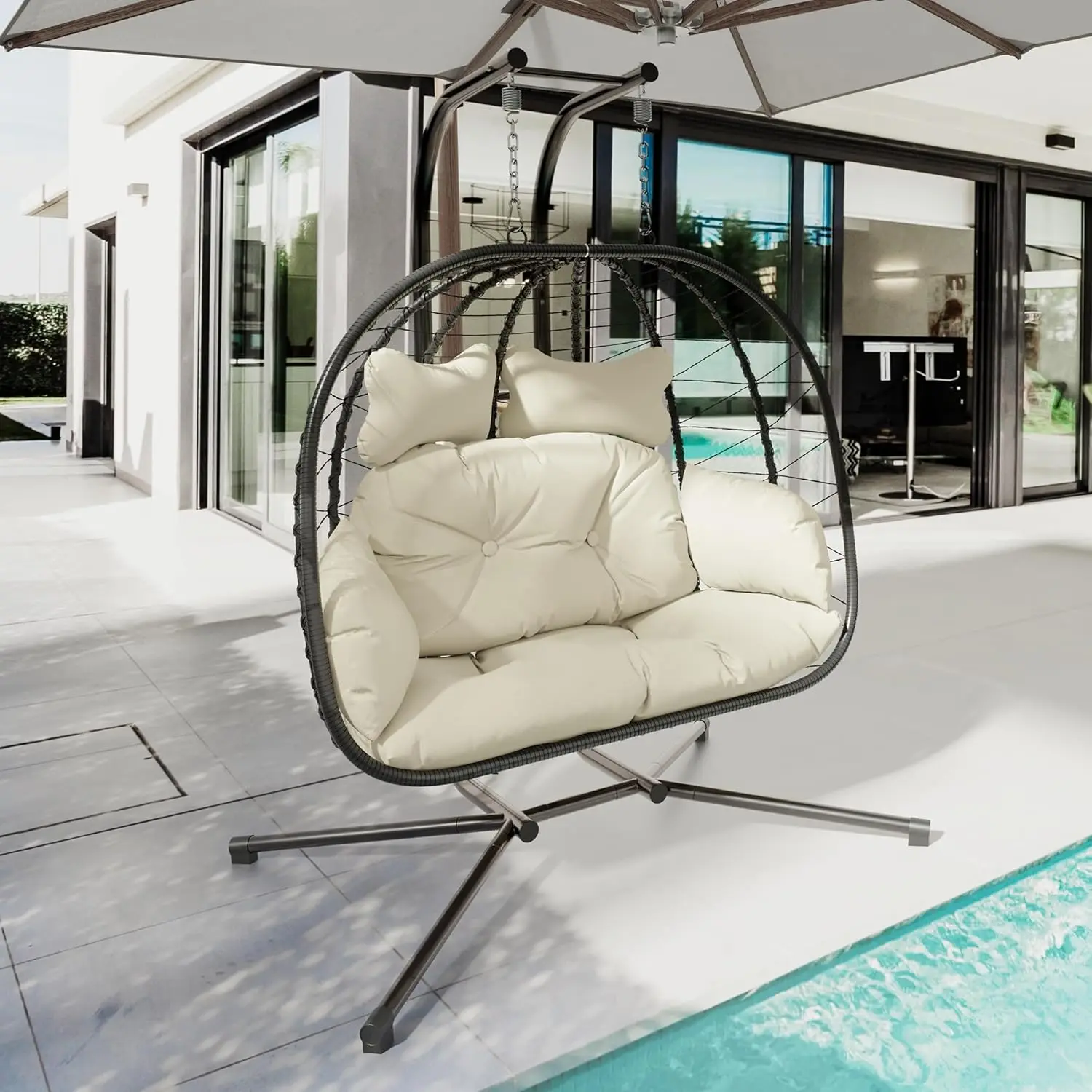 Double Indoor/Outdoor Wicker Swing Egg Chair Hammock Foldable Hanging Loveseat w/ Stand,UV Resistant Cushions for Bedroom Garden