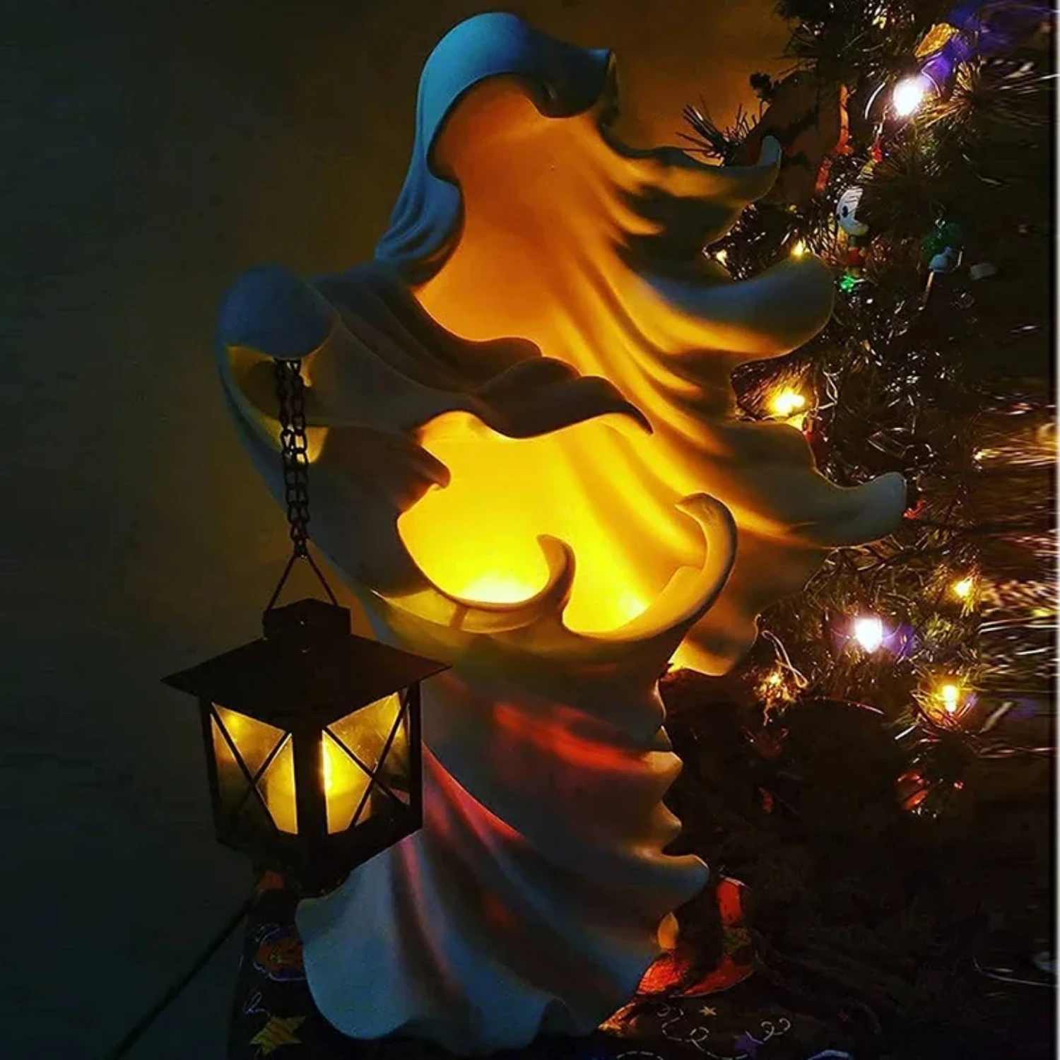 Hell Messenger with Lantern Ghost Seeking Light Witch Resin Statue Realistic Ghost Sculpture Halloween Ornament Decorative Lamp