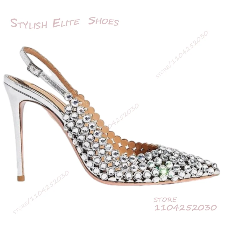 Silver Inlaid Shiny Crystal Hot Diamond Open Heel Pump Girl Party Black Diamond Pointed Stiletto Sandal Summer Dress Hollow Shoe