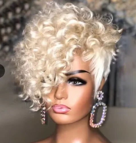 Pixie Kort Krullend Blond Synthetische Pruiken Met Pony Hittebestendig Mode Cos Gerelateerde items Klant Recensies Specificaties Desc