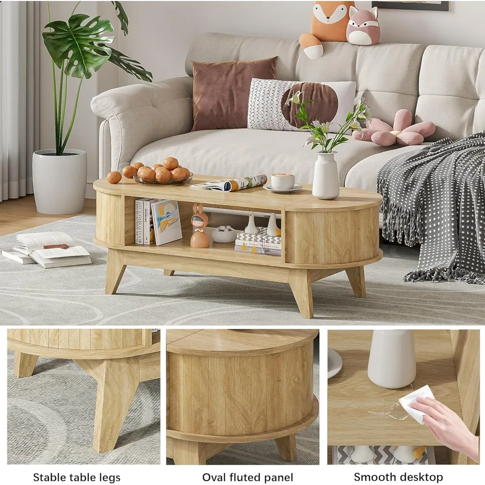 Mid-Century Oval Wood Coffee Table with Dual Concealed Storage